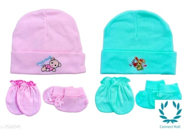 Baby Unisex Mitten Cotton Cap and Booty Set  - Free Size, Pink,Green, Cotton, Mitten Cap &Booty Set, Multipack:2